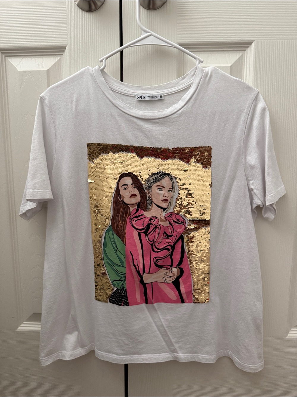 Zara White Tee with Gold Sequin Panel & Pink/Green Illustration
